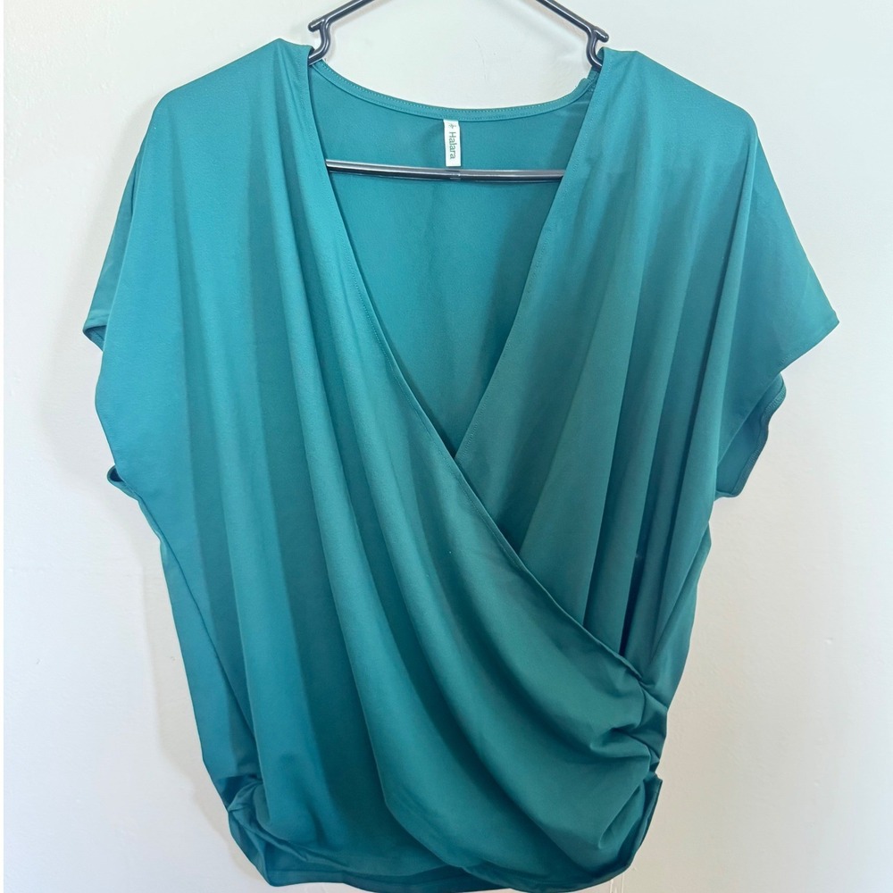 Halara Teal Green V Neck Surplice Wrap Top Short Sleeve XL NWT - Picture 3 of 6